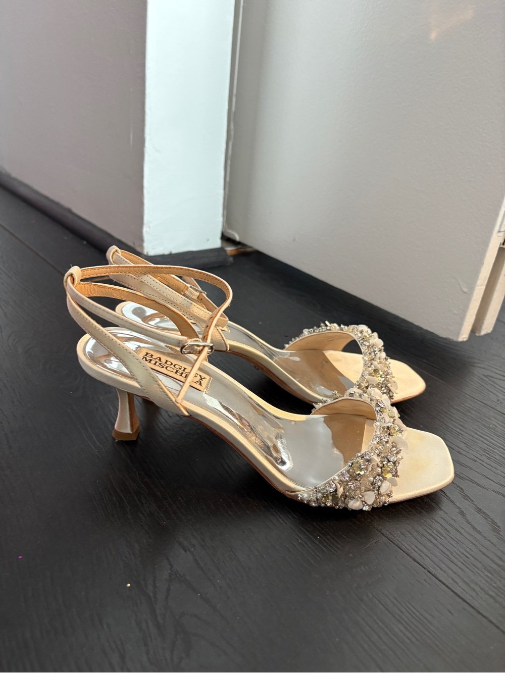 Badgley Mischka Champagne Crystal-Strap Slingback Heels